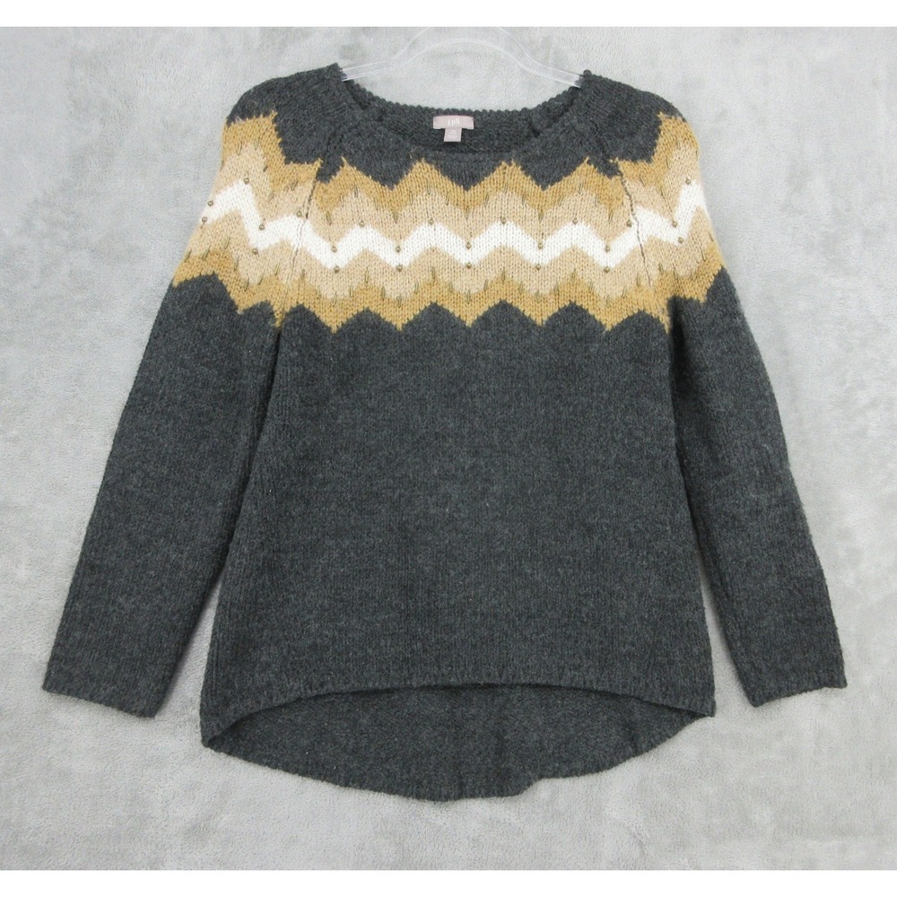 J Jill Sweater Women Size XS Petite Chevron Wool Blend Beaded Chunky Knit Grey